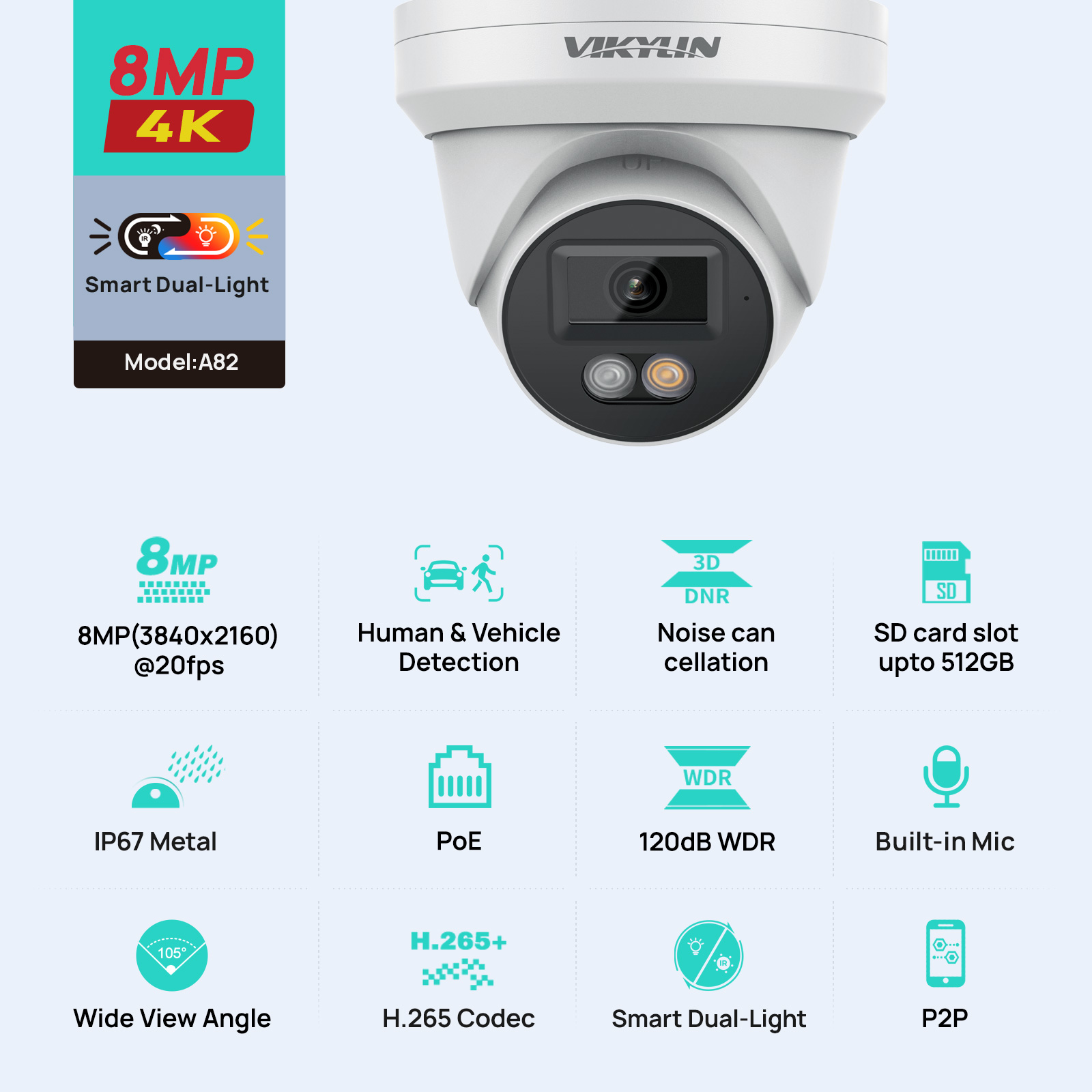 Smart Home Os - VIKYLIN 8MP 4K IP-Sicherheitskamera, intelligente Dual-Light-Audiokamera,
